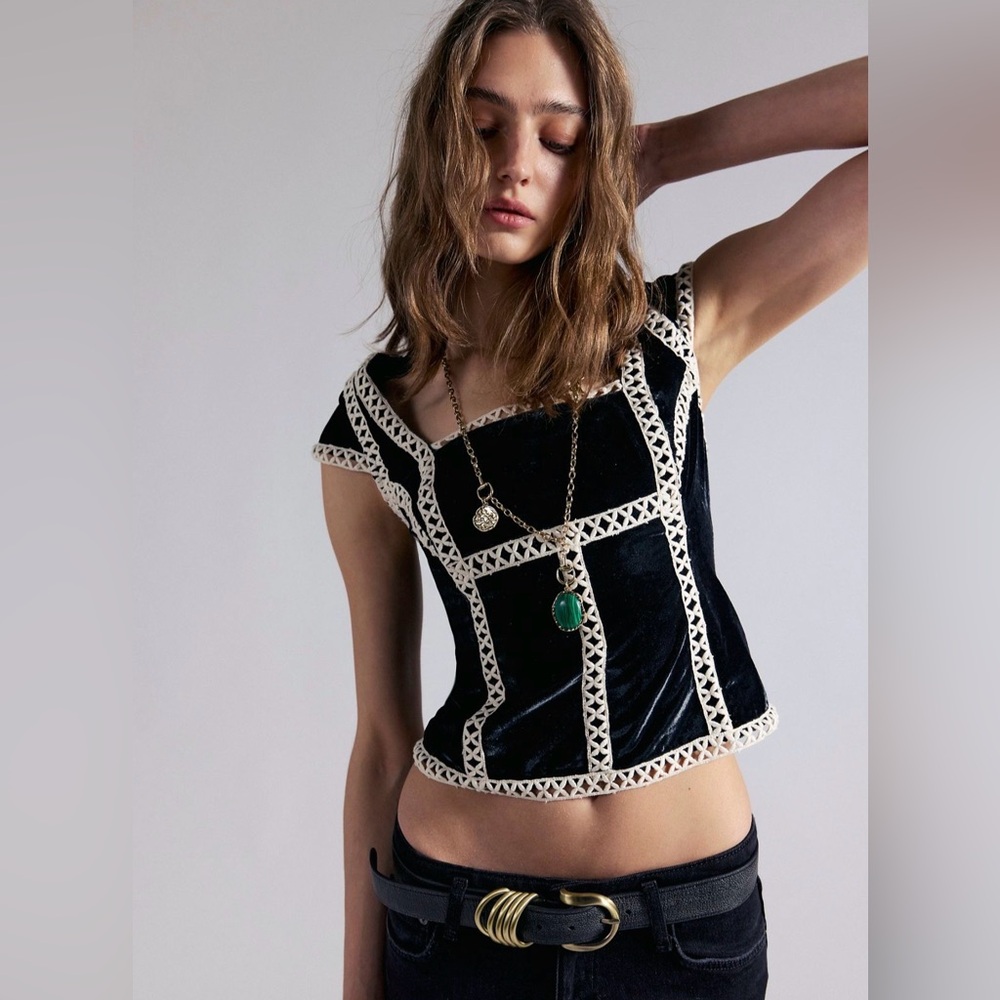 Free People Black Velvet Top with Cream Trim